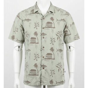 Red Macaw Hawaiian Shirt L Green Brown Button Up Short Sleeve 100% Cotton Fish